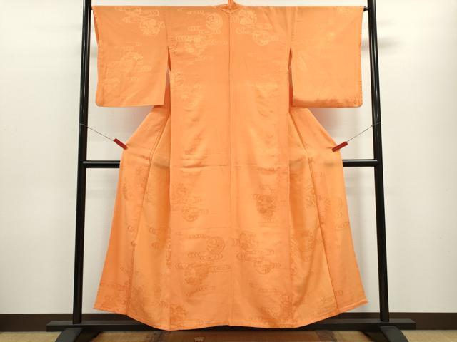 平和屋着物▽上質な色無地 単衣 流水草花地紋 橙色 正絹 逸品 CABF3115ze