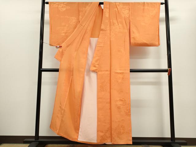 平和屋着物▽上質な色無地 単衣 流水草花地紋 橙色 正絹 逸品 CABF3115ze