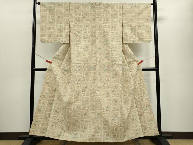平和屋着物▽本塩沢 単衣 色紙枝花文 正絹 逸品 CABF3134ze