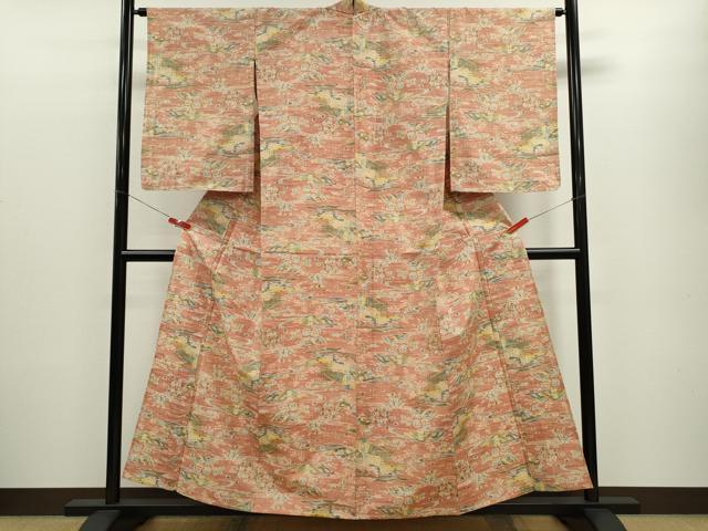 平和屋着物▽上質な紬 単衣 風景草花文 正絹 逸品 CABF3137ze