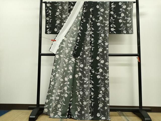 平和屋着物▽小紋 単衣 ドット柄 更紗花唐草文 黒地 金彩 さんび謹製 洗える着物 CABF3146ze