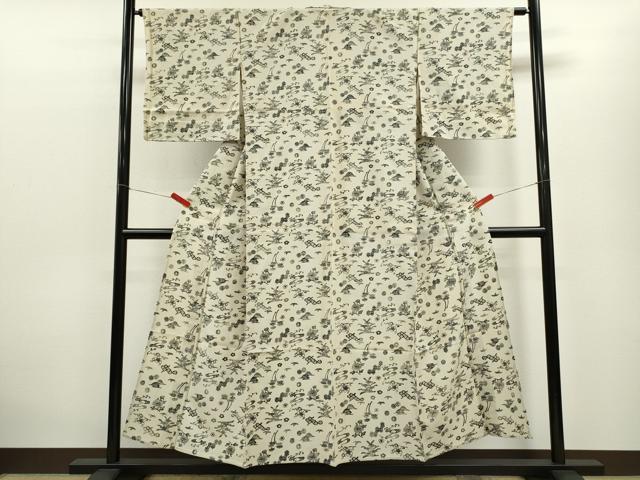 平和屋着物▽上質な小紋 単衣 型染め 吉祥枝花文 三越扱い 正絹 逸品 未使用 CABF3156ze