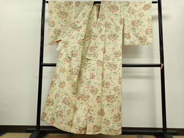 平和屋着物▽上質な紬 単衣 更紗花唐草文 正絹 逸品 CABF3168ze