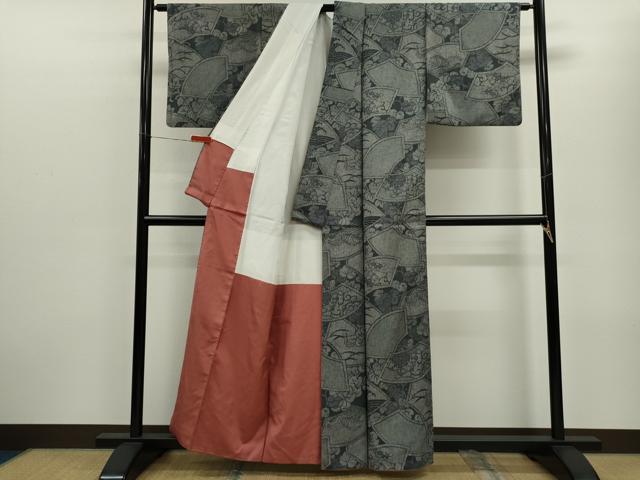 平和屋着物■上質な紬 地紙重ね立波草花文 正絹 逸品 CABF3194ze