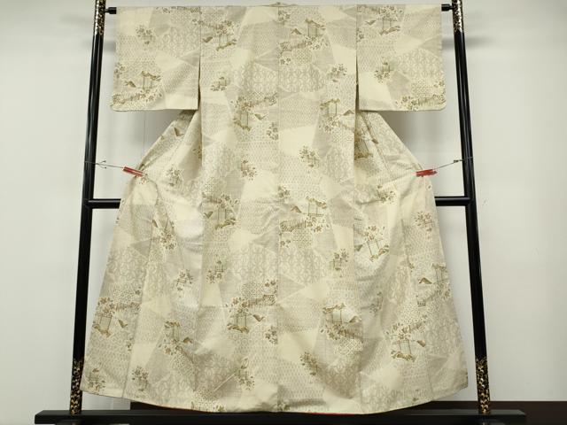 平和屋着物●本場結城紬 重要無形文化財 100亀甲 地紙風景花文 正絹 逸品 CABF3218ut