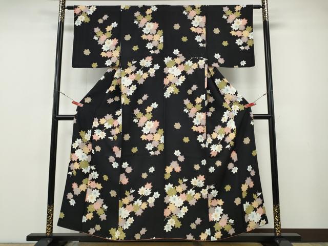平和屋着物●上質な小紋 枝楓文 黒地 松坂屋扱い 正絹 逸品 CABF3246ut