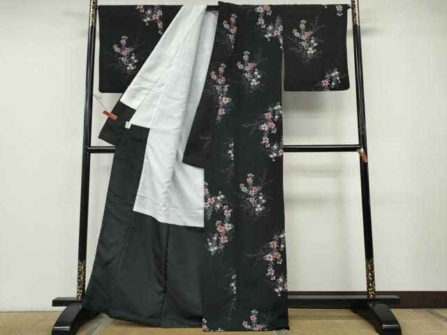 平和屋着物●小紋 草花文 黒地 洗える着物 CABF3251ut