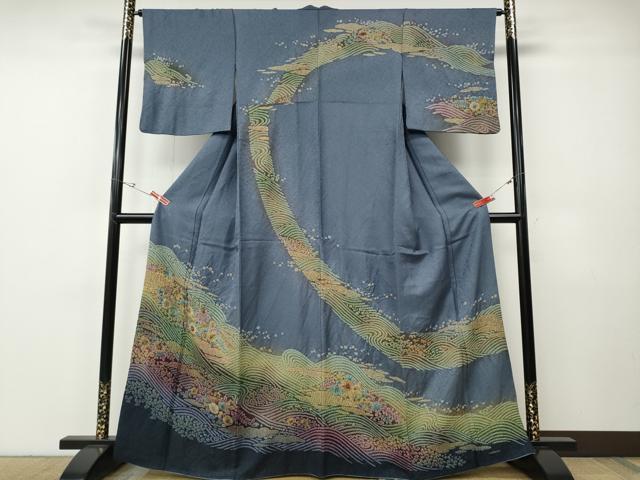 平和屋着物○訪問着 辻が花 絞り 刺繍 暈し染め 銀通し地 正絹