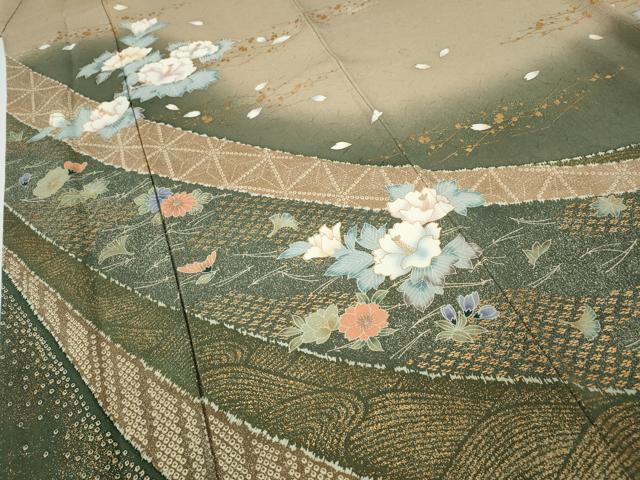平和屋着物●訪問着 こぼれ松葉花文 暈し染め 金彩 正絹 逸品 CABF3289ut
