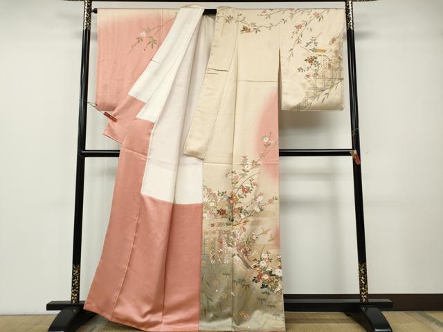 平和屋着物●訪問着 駒刺繍 飛鶴几帳草花文 暈し染め 金彩 正絹 逸品 CABF3297ut
