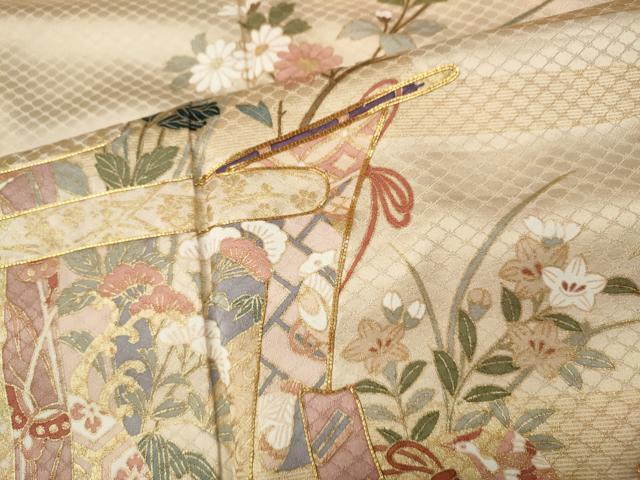 平和屋着物●訪問着 駒刺繍 飛鶴几帳草花文 暈し染め 金彩 正絹 逸品 CABF3297ut