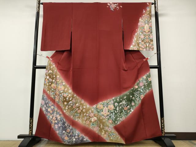 平和屋着物▽訪問着　単衣　駒刺繍　流水更紗花文　暈し染め　金彩　正絹　逸品　AABG7630ck 平和屋着物○訪問着 駒刺繍 流水草花文 金彩 正絹 逸品 AABG4117ph