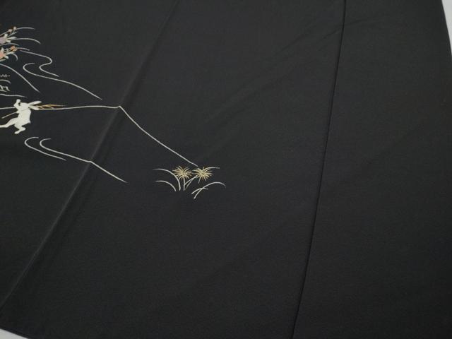 平和屋着物●訪問着 駒刺繍 兎 草花文 黒地 金彩 正絹 逸品 CABF3361ut