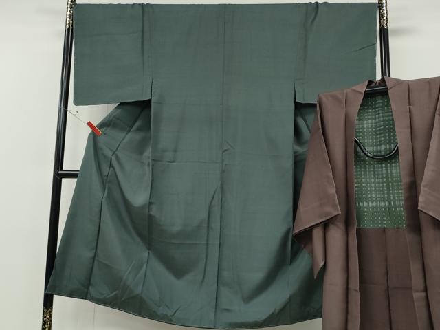 平和屋着物●男性 紬 羽織セット 着物:錆鉄御納戸色 羽織:煤竹色 正絹 逸品 CABF3443ut
