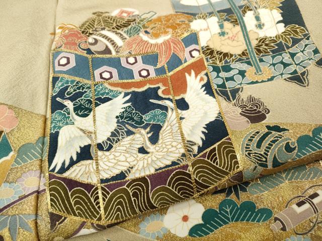 平和屋着物●豪華色留袖 駒刺繍 貝桶宝尽くし鶴花文 金彩 正絹 逸品 CABF3462ut