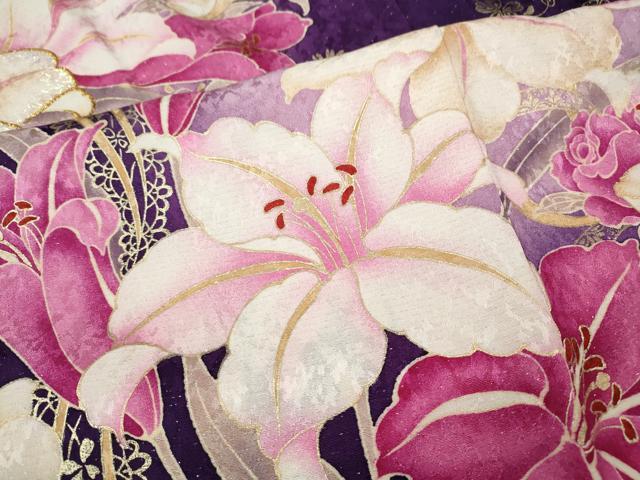 平和屋着物●豪華振袖 刺繍 ゆり 花束文 銀通し地 正絹 逸品 CABF3473ut
