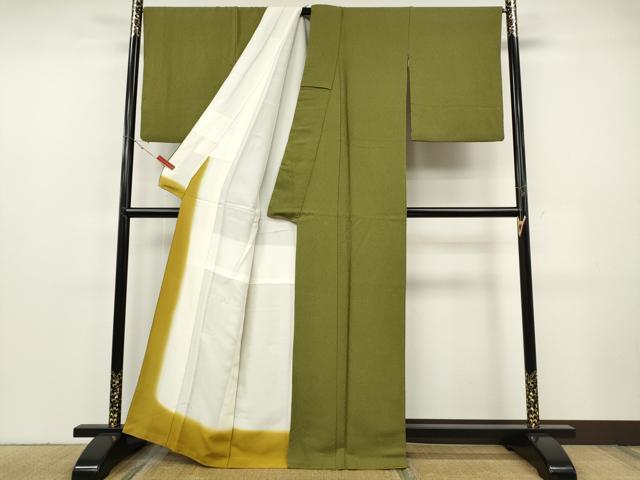 平和屋着物●上質な色無地 霞地紋 鶯色 正絹 逸品 CABF3485ut