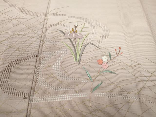 平和屋着物*夏物 訪問着 絽 紗 刺繍 流水草花文 暈し染め 金彩 正絹 逸品 CABF3551ut
