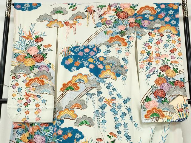 平和屋着物●豪華振袖 型染め 飛鳥草花文 正絹 逸品 CABF3591ut