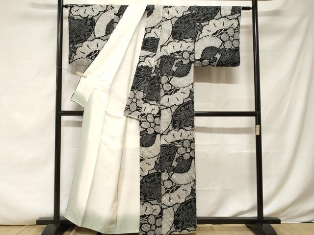 平和屋着物■上質な小紋 総刺繍 扇面草花文 黒地 正絹 逸品 CABF3606ev
