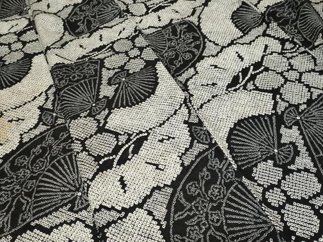 平和屋着物■上質な小紋 総刺繍 扇面草花文 黒地 正絹 逸品 CABF3606ev