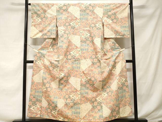 平和屋着物■上質な紬 切嵌更紗草花文 正絹 逸品 CABF3659ev