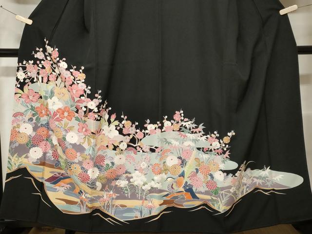 平和屋着物■豪華黒留袖 友禅 尾長鳥枝花文 正絹 逸品 CABF3773ev