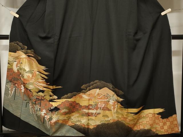 平和屋着物■豪華黒留袖 駒刺繍 鳳凰富士花房松文 暈し染め 金彩 正絹 逸品 CABF3814ev