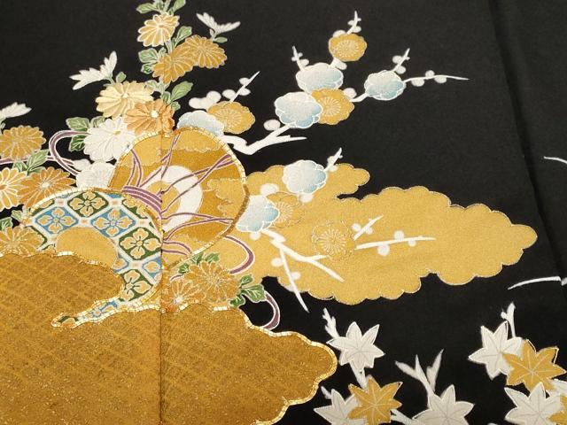 平和屋着物■豪華黒留袖 駒刺繍 雲取り鼓草花文 金彩 正絹 逸品 CABF3828ev