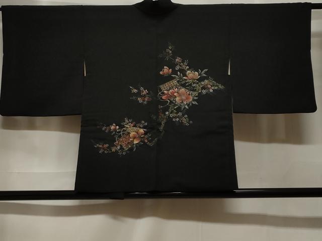 平和屋着物#羽織 寿光織 几帳花文 黒地 金銀糸 正絹 逸品 CABF3863ev