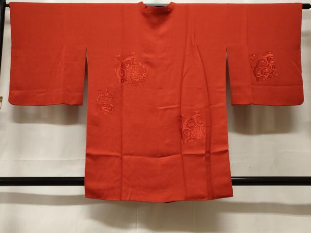 平和屋着物#中国三大刺繍 スワトウ刺繍 道行コート 色無地 色紙花文 朱色 正絹 逸品 CABF3888ev