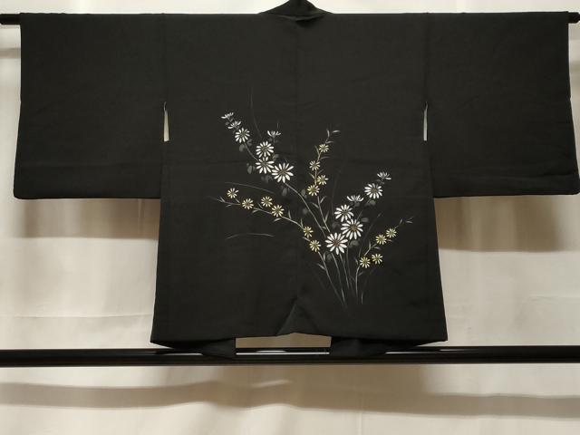 平和屋着物#羽織 手描き 草花文 黒地 正絹 逸品 CABF3907ev