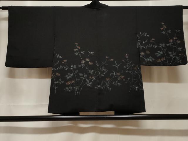平和屋着物#羽織 寿光織 枝花文 黒地 銀糸 正絹 逸品 CABF3909ev