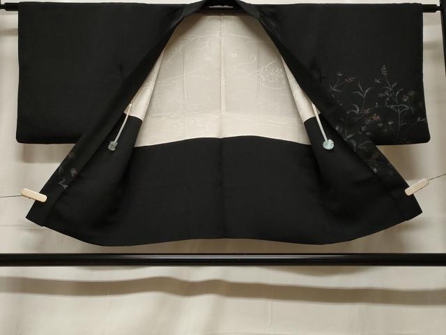 平和屋着物#羽織 寿光織 枝花文 黒地 銀糸 正絹 逸品 CABF3909ev