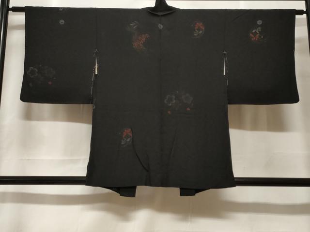平和屋着物#羽織 寿光織 草花丸文 黒地 金銀糸 正絹 逸品 CABF3927ev