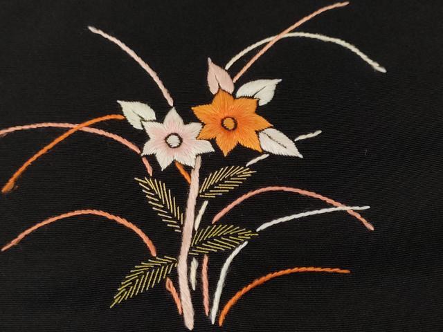 平和屋着物#羽織 総刺繍 草花文 黒地 正絹 逸品 CABF3947ev