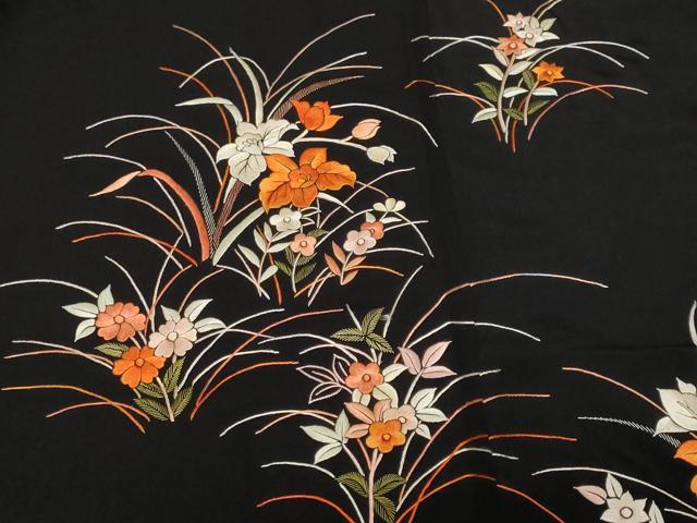 平和屋着物#羽織 総刺繍 草花文 黒地 正絹 逸品 CABF3947ev