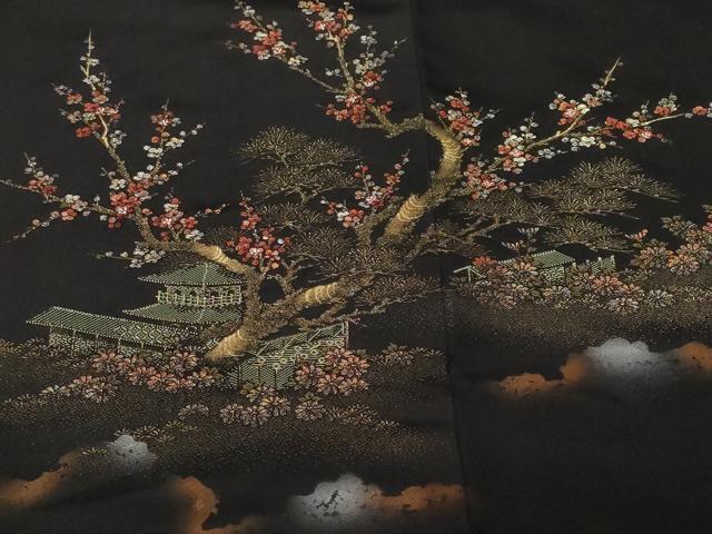 平和屋着物#羽織 寿光織 風景枝梅文 黒地 金糸 正絹 逸品 CABF3950ev
