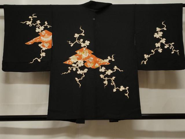 平和屋着物#羽織 駒刺繍 宝尽くし蔦の葉文 黒地 金彩 正絹 逸品 CABF3956ev