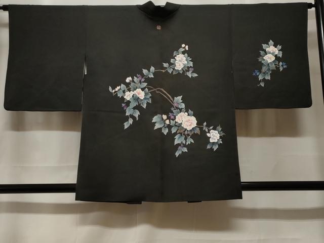 平和屋着物#羽織 枝花文 黒地 正絹 逸品 CABF3961ev