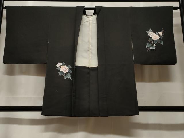 平和屋着物#羽織 枝花文 黒地 正絹 逸品 CABF3961ev