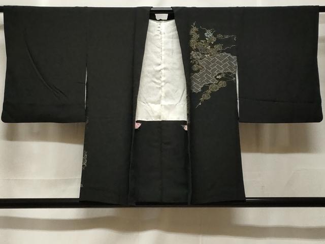 平和屋着物#羽織 寿光織 雲取り枝菊文 黒地 金銀糸 正絹 逸品 CABF3966ev
