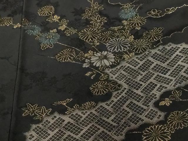 平和屋着物#羽織 寿光織 雲取り枝菊文 黒地 金銀糸 正絹 逸品 CABF3966ev