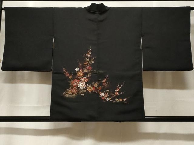 平和屋着物#羽織 寿光織 枝花文 暈し染め 黒地 金銀糸 正絹 逸品 CABF3981ev