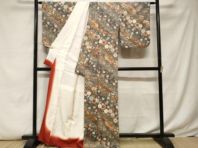平和屋着物■上質な小紋 雪芝花蝶文 暈し染め 金彩 正絹 逸品 CABF4031ev