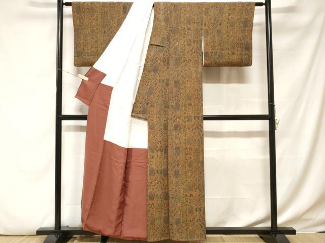 平和屋着物■上質な小紋 更紗幾何学文 鬼しぼ縮緬 正絹 逸品 CABF4042ev