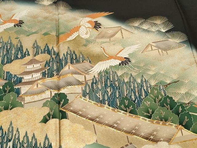 平和屋着物■豪華黒留袖 駒刺繍 萬寿染 飛鶴風景文 暈し染め 金彩 正絹 逸品 CABF4123ev