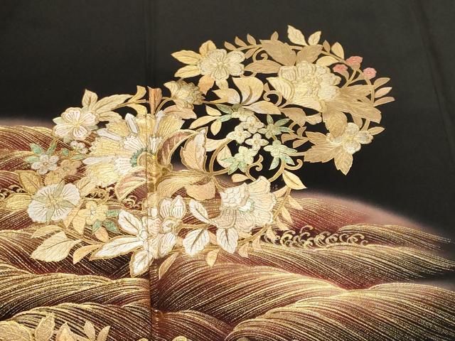 平和屋着物■豪華黒留袖 寿光織 立波更紗草花文 暈し染め 金彩 正絹 逸品 CABF4193ev