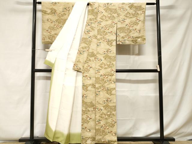 平和屋着物■上質な小紋 地紙更紗花鳥文 暈し染め 金彩 鬼しぼ縮緬 正絹 逸品 CABF4225ev