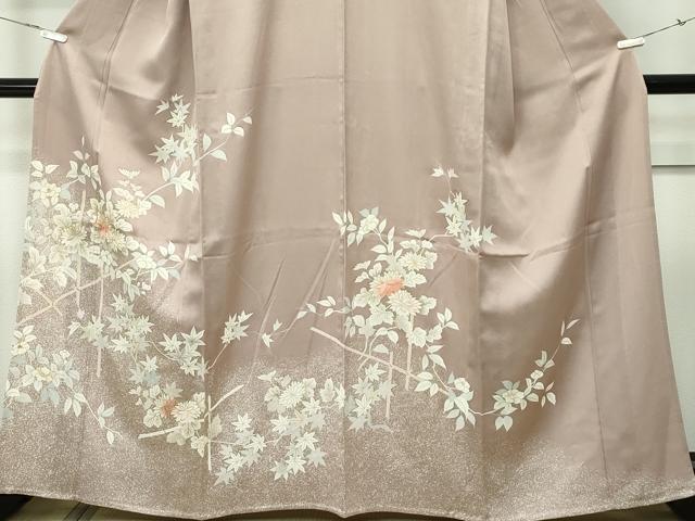 平和屋着物▽訪問着 単衣 訪問着 刺繍 草花文 たたき染め 金彩 銀煤竹色地 伊勢丹扱い 正絹 逸品 CABF4416rv